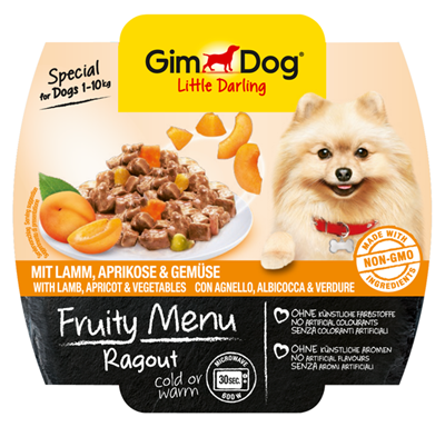 تصویر کنسرو Gimdog Fruty Menu حاوی خوراک راگو،گوشت بره و زردآلو Gimdog