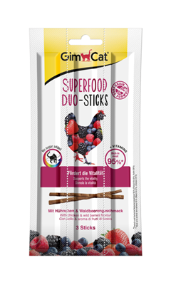 تصویر استیک مدادی مخصوص گربه Gimcat مدل Superfood تهیه شده از گوشت مرغ و تمشک وحشی - بسته 3 عددی