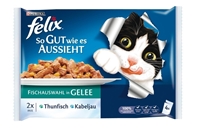 تصویر بسته 4 عددی سوپ ژله ای با تکه های گوشت و ماهی Felix مناسب برای گربه بالغ