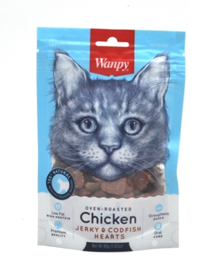 تصویر غذای تشویقی مخصوص گربه Wanpy مدل Jerky & Codfish Hearts با طعم مرغ - ۸۰ گرم