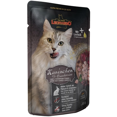تصویر پوچ مخصوص گربه بالغ Leonardo تهیه شده از گوشت خرگوش و کرنبری - 85 گرم