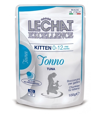 تصویر پوچ مناسب برای بچه گربه Lechat مدل Excellence با طعم ماهی تن-100 گرم