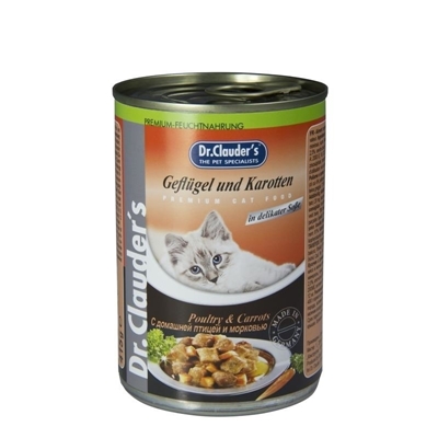 تصویر کنسرو مخصوص گربه بالغ Dr.Clauders تهیه شده از گوشت مرغ و هویج - 400 گرم
