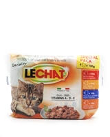 تصویر پک چهار عددی پوچ Lechat مخصوص گربه با طعم های ماهی سالمون و تون.ماهی اقیانوس.مرغ و بوقلمون.گوشت گوساله و سبزیجات