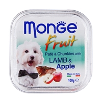تصویر پوچ میوه ای Monge با تکه های سیب و گوست بره مخصوص سگ 100 گرم