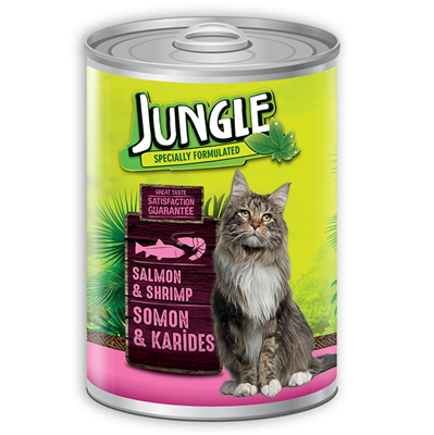 تصویر  کنسرو مخصوص گربه Jungle تهیه شده از ماهی سالمون و میگو - 415 گرم