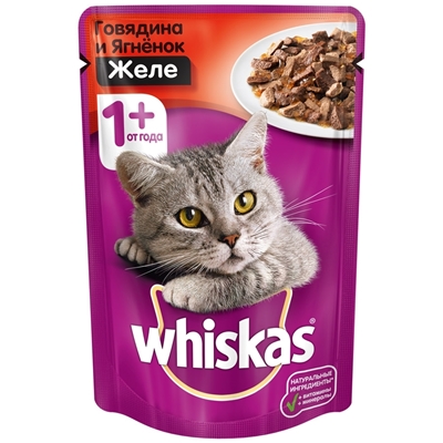 تصویر  پوچ Whiskas مخصوص گربه بالغ با طعم گوشت گوساله به همراه ویتامین و مواد معدنی در ژله