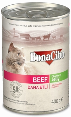 تصویر  کنسرو Bonacibo مخصوص گربه بالغ مدل chunky in jelly تهیه شده از گوشت گاو - 400گرم