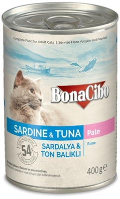 تصویر  کنسرو پته Bonacibo مخصوص گربه بالغ تهیه شده از ماهی ساردین وماهی تن-400گرم