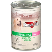 تصویر  کنسرو پته BonaCibo مخصوص سگ پاپی تهیه شده از گوشت بره و برنج - 395 گرم