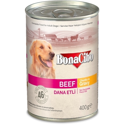 تصویر  کنسرو چانکی BonaCibo مخصوص سگ بالغ تهیه شده از گوشت گاو همراه آبگوشت 400 گرم