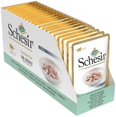 تصویر  پوچ Schesir مخصوص گربه بالغ تهیه شده از ماهی تن و ماهی پورگی در ژله - 85 گرم