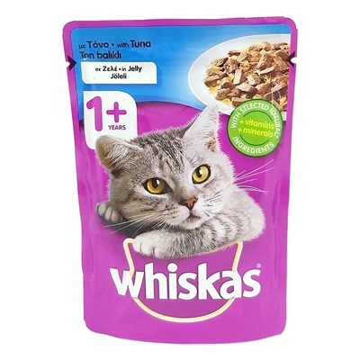 تصویر  پوچ Whiskas تهيه شده از ماهی تن در ژله مخصوص گربه بالغ - 100 گرم