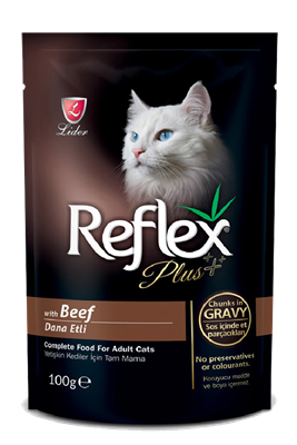 تصویر  پوچ Reflex Plus تهيه شده از گوشت گاو مخصوص گربه بالغ  - 100 گرم