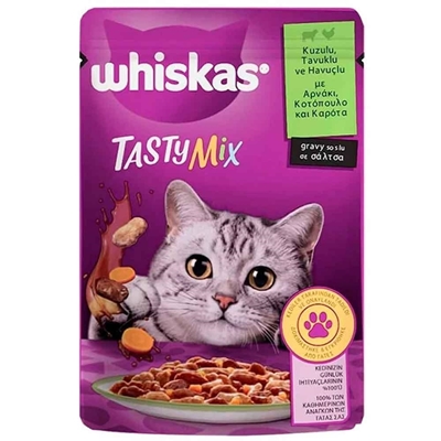 تصویر  پوچ گربه Whiskas مدل Tasty Mix تهيه شده از گوشت بره و مرغ و هویج در سس - 85 گرم
